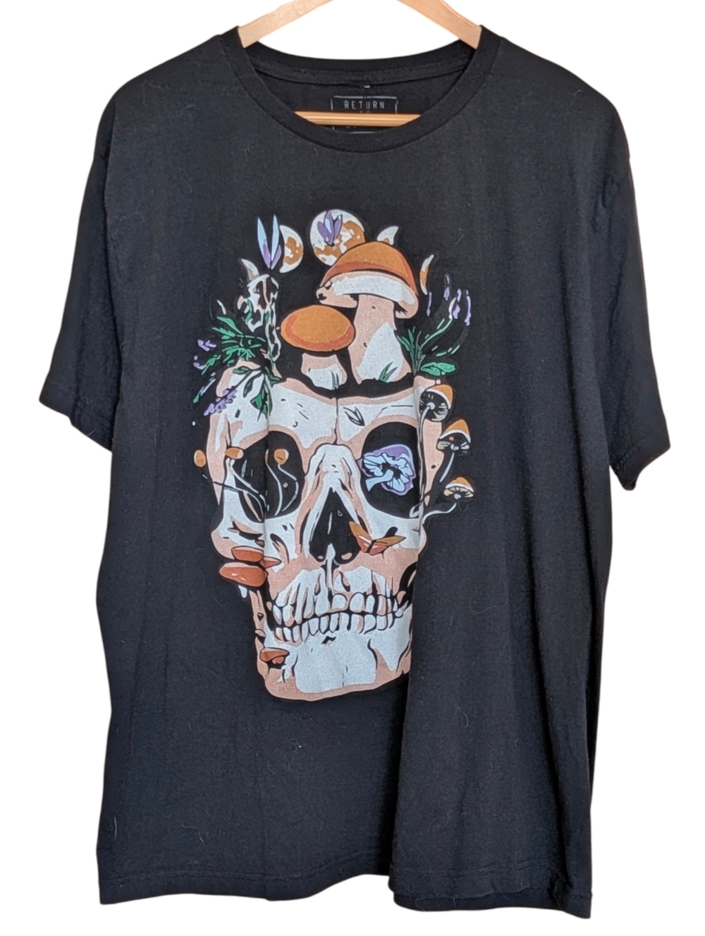 Return To Sender Men’s Black Graphic Skull & Mushrooms T-Shirt XXL Grunge Casual